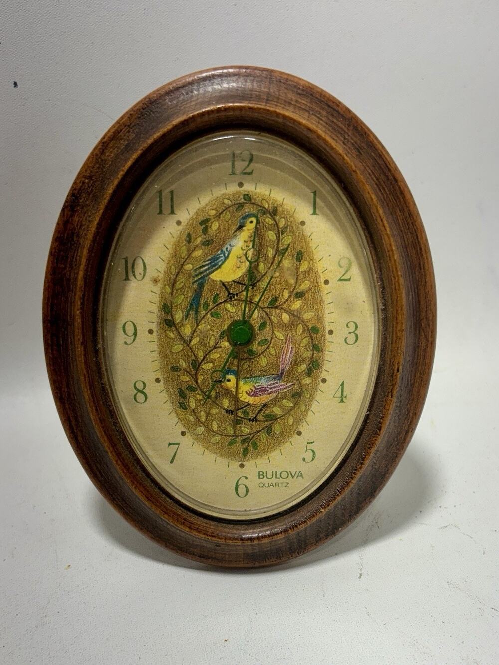 Vintage Bulova Quartz Desk Mantel Clock Bird Dial Faux Wood